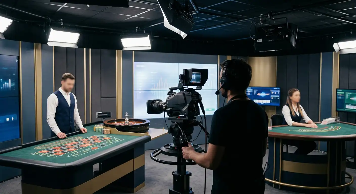 Live-Casino-Studio mit Spieltischen und typischer Studioausstattung