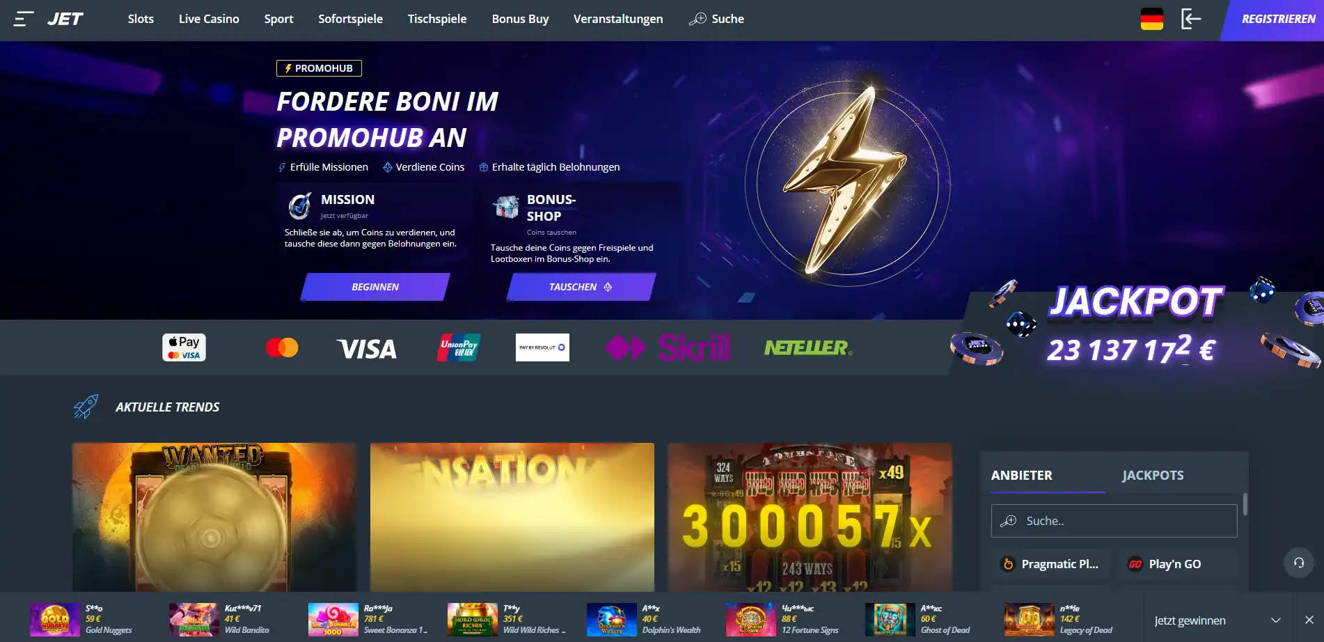 Deutschsprachige JET Casino Startseite mit Navigation und Markenauftritt